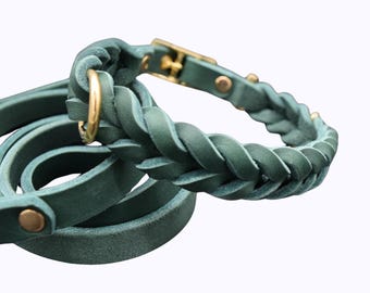 May include: A braided teal leather dog collar and leash set with gold hardware.