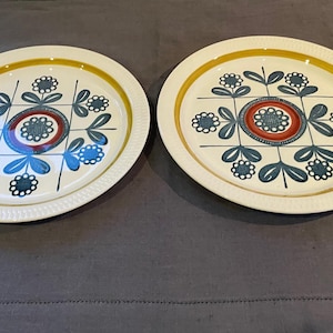 以下が含まれることがあります： クリーム色の背景と黄色の縁取りのある2つのセラミックプレート。各プレートは、赤、青、グレーのセントラルフローラルデザインを特徴とし、様式化された花のグリッドに囲まれています。プレートにはテクスチャード加工されたリムがあります。