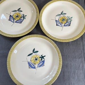 May include: Three round ceramic plates with an off-white center and a yellow-green hatched border. Each plate features a central graphic illustration of a yellow lemon with blue and dark green leaves, rendered in a stylized, linear art style.