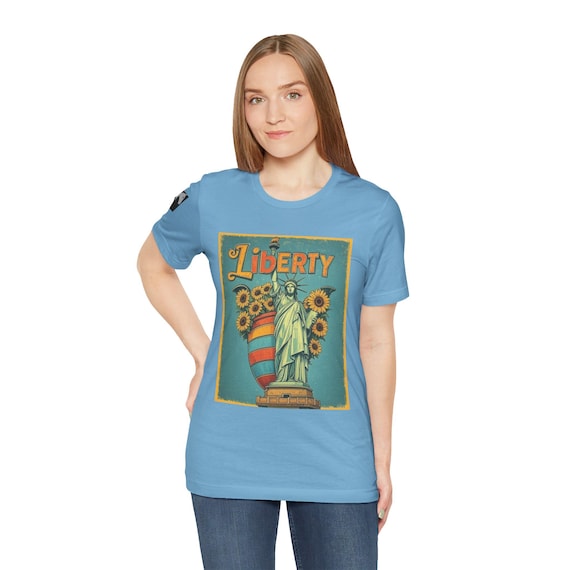 Liberty Sunflower Short Sleeve Tee, Unisex Summer Shirt, Gift for Freedom Lovers, Retro Inspired Graphic Tee, Casual Wear, Vintage Style Tee