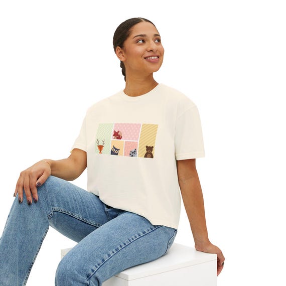 Whimsical Animal Boxy Tee | Cute Graphic Top, Animal Lover Shirt, Casual Wear, Gift for Her, Unique Birthday Present