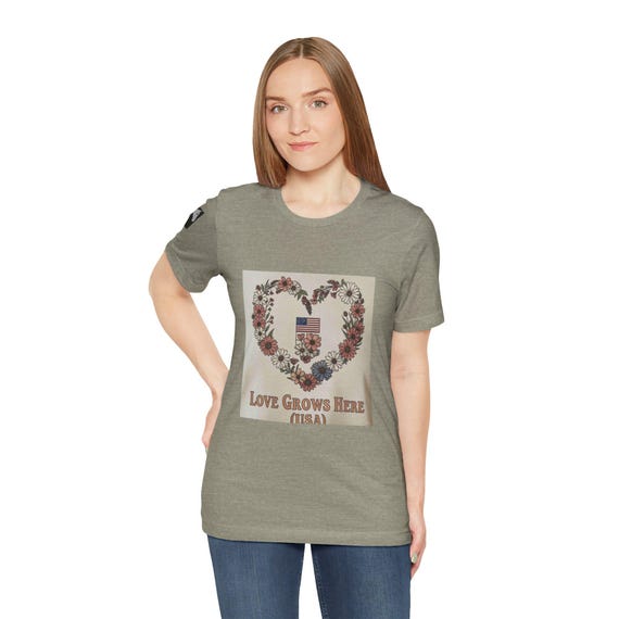 Love Grows Here Unisex Tee, Casual Heart-Themed T-Shirt, Perfect for Gifts, Summer Style, USA Pride, Floral Design