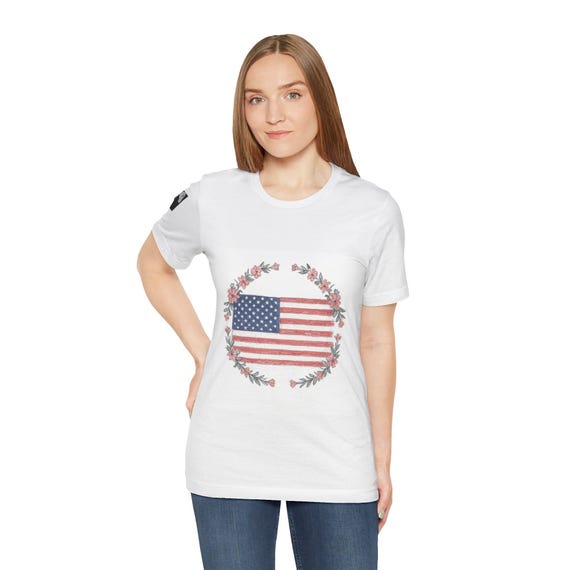 Patriotic Floral Tee, Unisex Flag T-Shirt for Independence Day, Summer BBQ, Memorial Day, Gift for Veterans, Casual Wear