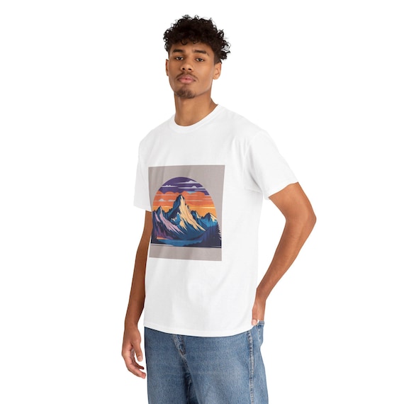 Mountain Sunset Unisex Heavy Cotton Tee, Nature Lover T-Shirt, Outdoor Adventure Apparel, Gift for Hikers, Travel Shirt