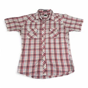 Vintage Holt Western Shirt Adult LARGE Red White Blue Plaid Pearl Snap 80s