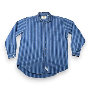 May include: Blue striped button-down shirt with long sleeves. The shirt features vertical stripes in varying shades of blue and black. It has two chest pockets and a classic collar. The Levi's brand label is visible.