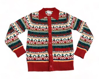 Vintage Cardigan Sweater Adult SMALL Red Orange Green 70s Fair Isle Aztec Funky
