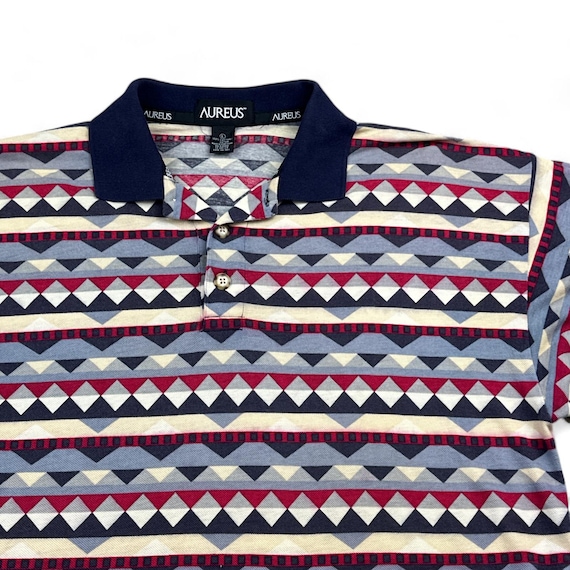 Vintage Aureus Polo Shirt Adult LARGE Blue Red Golf Geometric