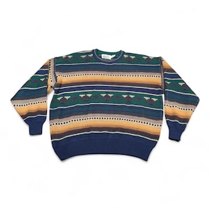 Vintage Trend Basics Sweater Adult 2XL XXL Blue Geometric Striped Aztec Knit 90s