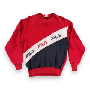 Vintage Fila Sweater Adult MEDIUM Red Blue Sweatshirt Colorblock Italy Made 80s image 1