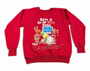 Suéter navideño vintage para adulto, talla M, rojo, con estampado divertido de Papá Noel y mangas raglán de los años 90.