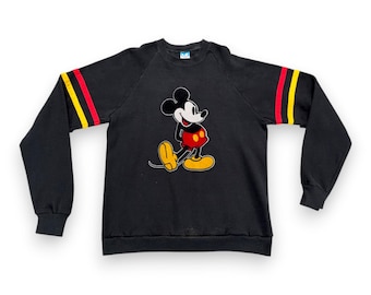 Vintage Micky Maus Pullover Erwachsene MEDIUM Schwarz Disney Sweatshirt Streifen USA 80er Jahre