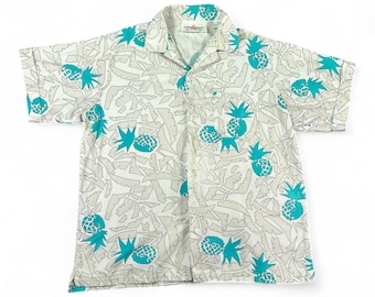 Camisa hawaiana vintage para adulto, talla grande, color blanco roto, turquesa, piña abstracta, años 80