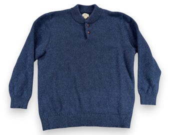 Vintage LL Bean Sweater Adult 2XL XXL Blue Lambs Wool Henley Chunky Knit Y2K