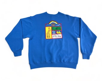 Vintage Arche Noah Pullover Erwachsenen GROß Blau 90er Jahre Tiere Christian Bibel Regenbogen