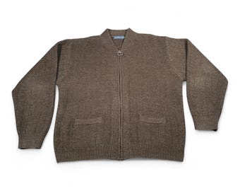 Pull vintage des îles du Nord pour adulte EXTRA LARGE cardigan marron zippé en tricot côtelé des années 90