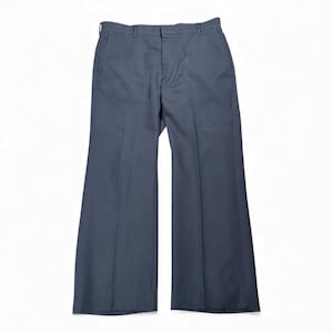 May include: A pair of dark gray dress pants with a classic, wide-leg design. The pants feature a button and zipper closure, belt loops, and front pockets. The fabric appears to be a medium-weight material, suitable for various occasions.