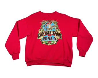 Suéter navideño vintage para adulto, talla grande, rojo, sudadera religiosa para celebrar a Jesús.