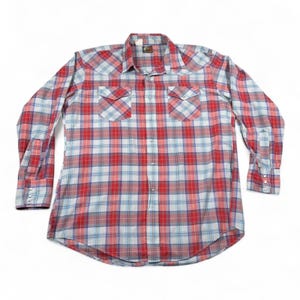 Vintage open-range westernshirt volwassene EXTRA GROTE rode geruite parelmoer snap jaren 90