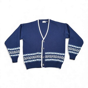 Suéter vintage Sears para adulto, cárdigan Fair Isle azul grande, para hombre, tienda, abuelo, años 90