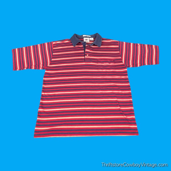 Vintage Striped Polo Shirt Adult SMALL Red Beige Navy Blue 80s Manhattan