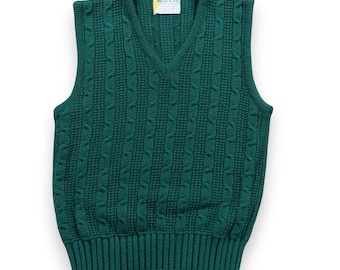 Vintage Man Lee Sweater Vest Adult EXTRA SMALL Green Cable Knit Acrylic USA 70s