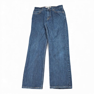 May include: A pair of blue denim jeans with a classic five-pocket design. The jeans have a straight leg cut and a button and zipper closure. The denim is a medium wash, and the jeans are laid flat on a white surface.