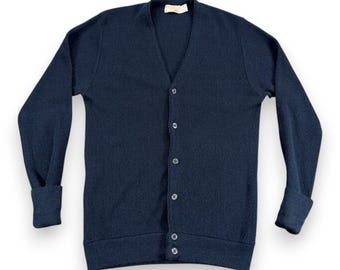 Vintage JC Penney Sweater Adult LARGE Blue Cardigan Fox USA Acrylic Cobain 70s