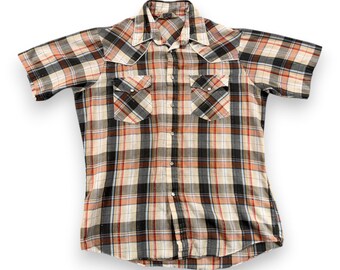 Vintage Western Shirt Adult MEDIUM Brown Plaid Gold Canyon Trails Pearl Snap 70s