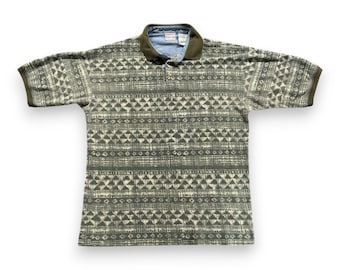 Vintage Bugle Boy Polo Shirt Adult LARGE Green Tribal Geometric Chambray 90s