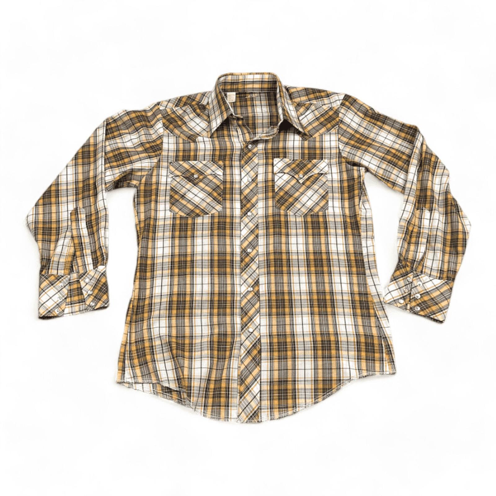 Vintage Western Shirt Adult MEDIUM Yellow Brown Plaid 70s 80s 