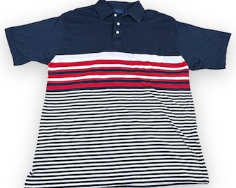 Polo JC Penney vintage adulte LARGE bleu rouge blanc des années 90 rayé Towncraft