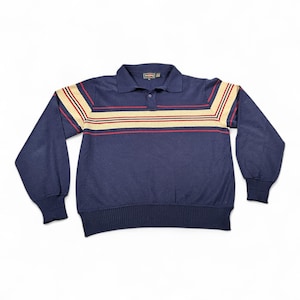 Vintage Youngbloods Polo Shirt Adult LARGE Blue Brown Striped Knit Retro 80s