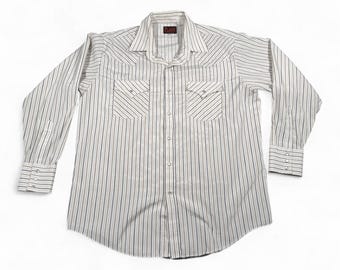 Vintage effen westernshirt volwassene LARGE wit gestreepte parel snap cowboy jaren 90