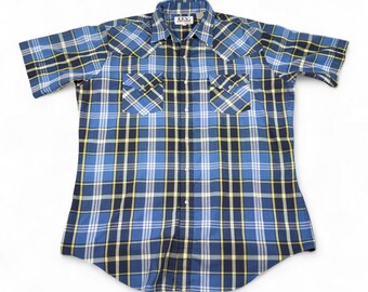 Vintage Ely Cattleman Western Shirt Adult LARGE Blue Yellow Plaid Pearl Snap 90s