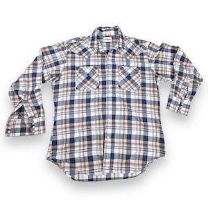 Vintage Campus Western Shirt Adult LARGE Blue White Plaid Pearl Snap Cowboy 80s