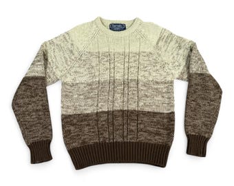 Vintage Barnaby Sweater Adult SMALL Brown Cream Speckled Cable Knit Ribbed 80s