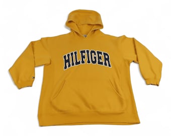 Vintage Tommy Hilfiger Pullover Erwachsener GROßER gelber Kapuzenpullover Spell Out Sweatshirt