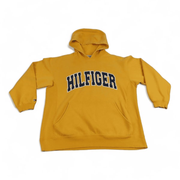 Vintage Tommy Hilfiger Sweater Adult LARGE Yellow Hoodie Spell Out Sweatshirt