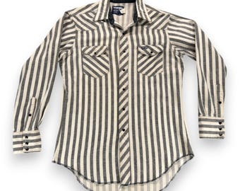 Vintage Wrangler Western Shirt Adult MEDIUM Gray White Striped Flannel USA 80s