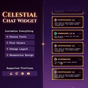 May include: A digital interface design for a "Celestial Chat Widget" with a purple and gold color scheme. The design includes customizable options for fonts, colors, and layout, with support for various platforms. The text includes phrases like "Customize Everything" and "Responsive Design."