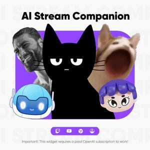 May include: A purple and white background with the text "AI Stream Companion" in black. The image features a black cat with a grumpy expression, a blue robot with a happy expression, a white and brown dog with its mouth open, and a purple cartoon character with a happy expression.