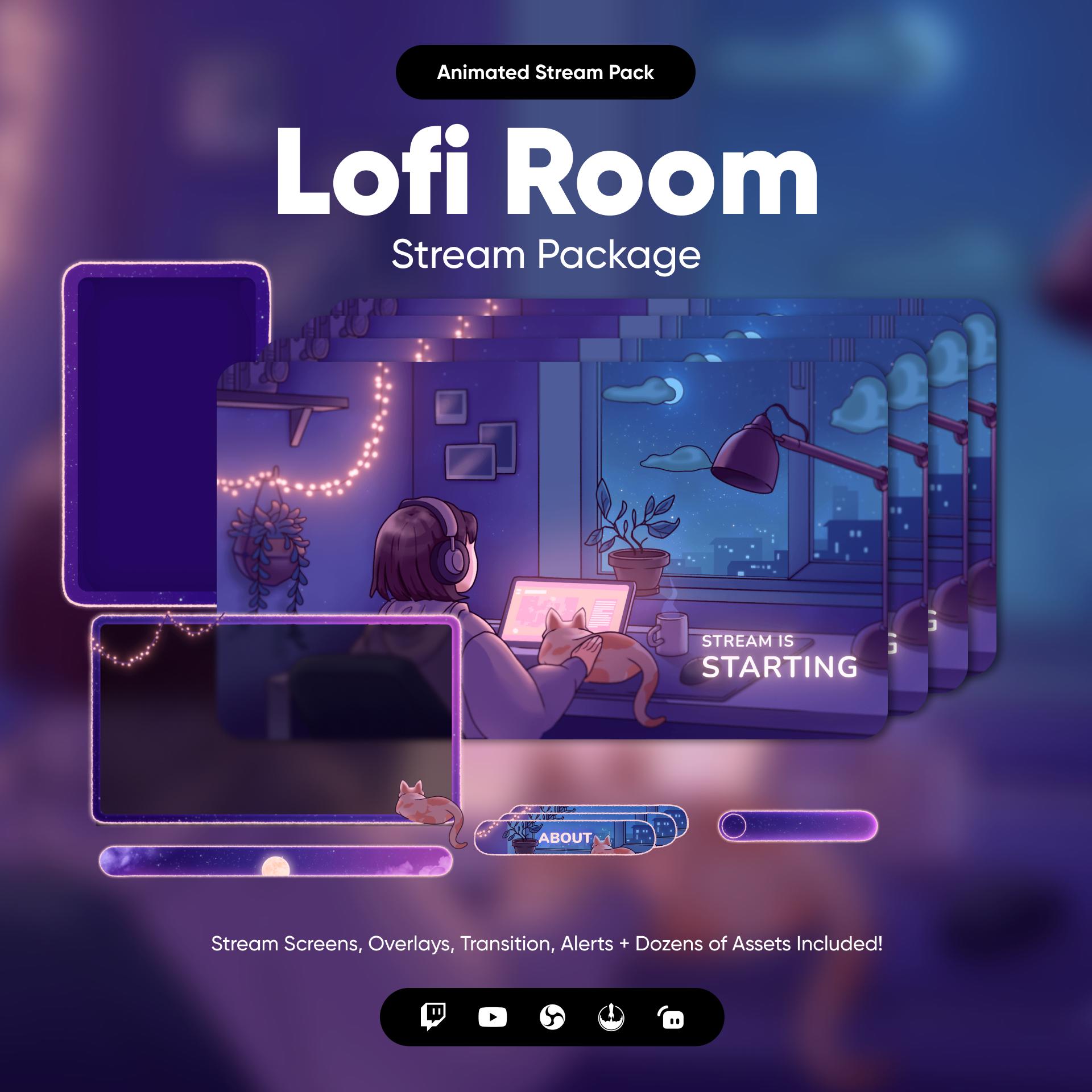 Pack de superpositions Twitch pour Lofi Room · Superposition de flux animés · Superposition OBS · Superposition Streamlabs · Pack de flux