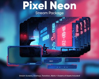 May include: Pixel art style animated stream package with a neon city scene, featuring a blue and red color scheme. The package includes a stream screen, overlays, transitions, alerts, and dozens of assets. The text "Pixel Neon" is displayed in a large font at the top of the image.