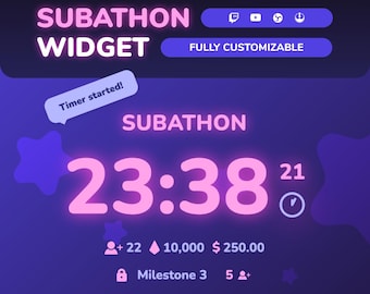 Subathon Timer Widget • Up to 20 Milestones • Megathon Countdown Timer • Tips, Bits, Subs Tracker for Twitch and YouTube (StreamElements)