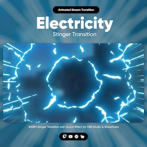 May include: Animated stream transition effect with a blue electric shock pattern. The text "Electricity Stinger Transition" is displayed above the effect. The text "WEBM Stinger Transition with Sound Effect for OBS Studio & Streamlabs" is displayed below the effect. Social media icons for Twitch, YouTube, Discord, and Twitter are displayed below the text.