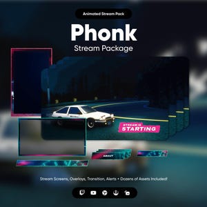May include: Animated stream pack for Twitch or YouTube with a Phonk theme. The pack includes a variety of overlays, transitions, alerts, and other assets. The image shows a car driving on a road at night, with a neon sign that says "Stream is Starting".