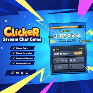 Pode incluir: Interface de jogo digital com fundo azul e amarelo. O título do jogo "Clicker Stream Chat Game" é exibido. A interface mostra "3.179 Clicks" e opções para alterar as cores, escolher moedas e personalizar o layout.