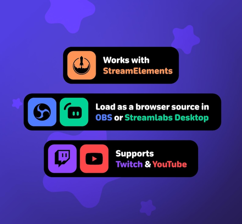 May include: A graphic with three black rectangles on a purple background. The top rectangle has an orange circle with a rocket ship icon and the text "Works with StreamElements." The middle rectangle has a blue and green icon and the text "Load as a browser source in OBS or Streamlabs Desktop." The bottom rectangle has a purple and red icon and the text "Supports Twitch & YouTube."
