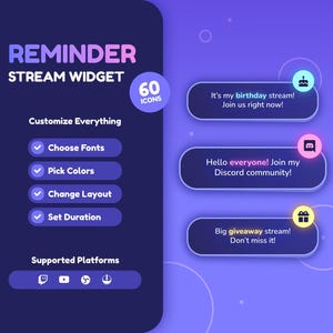 Uroczy widżet przypomnienia • Przypomnienie w formie wyskakującego okienka dla streamerów Twitch i YouTube • 60 ikon • Polecenia czatu (StreamElements)